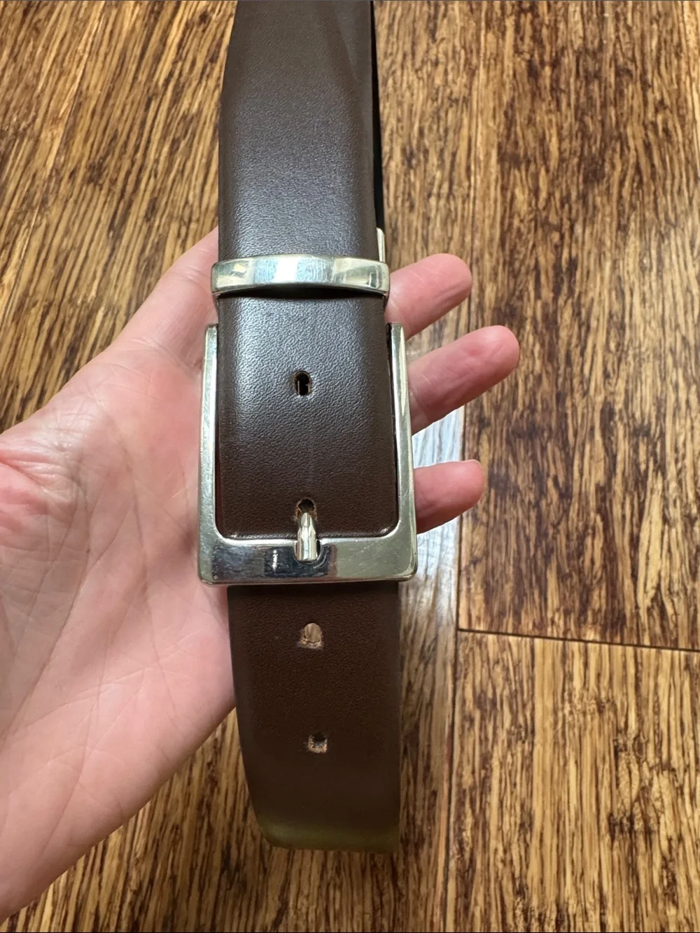 Reversible black and brown genuine leather made in Italy silver buckle belt